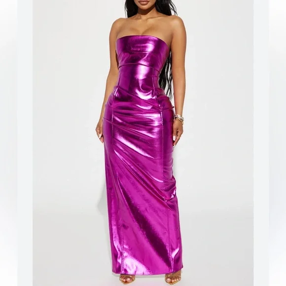Metallic Maxi Dress‎ Strapless Bodycon Magenta Pink Tube Gown Womens S NWT Party - Picture 2 of 7